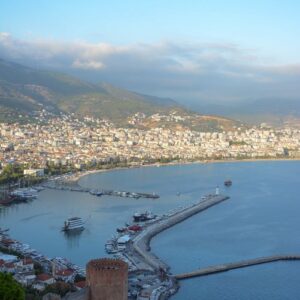 Aerial view of Alanya harbor and Red Tower