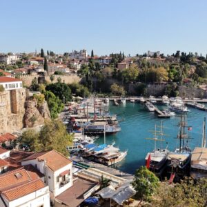 Aerial view of Antalya old town harbor