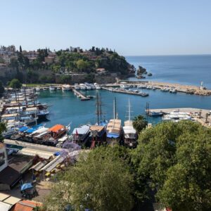 Antalya harbor with boats and old town